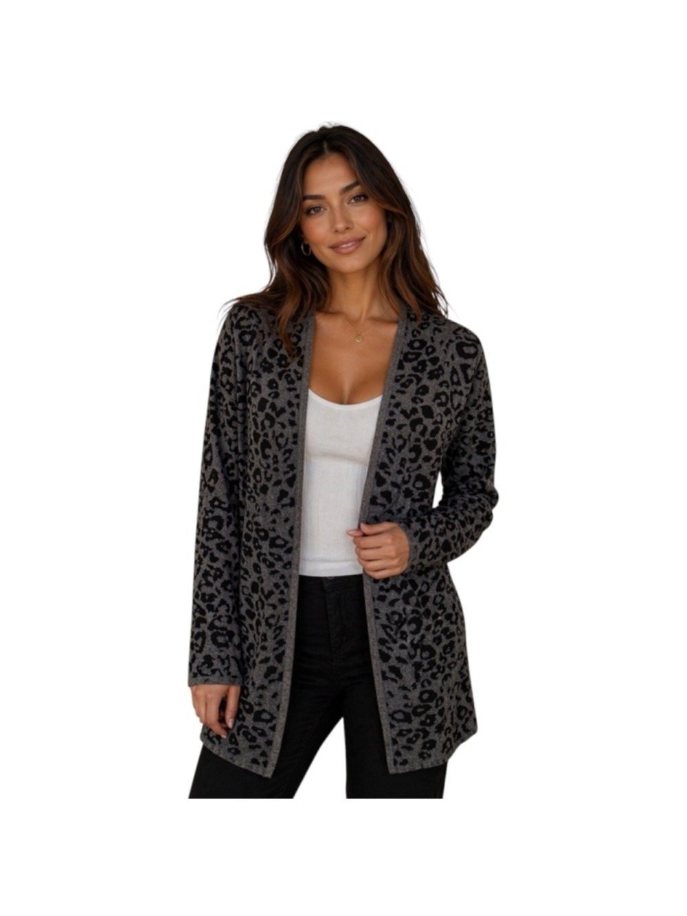 JM Collection Leopard Print Open Front Cardigan Gray Black M Lightweight
